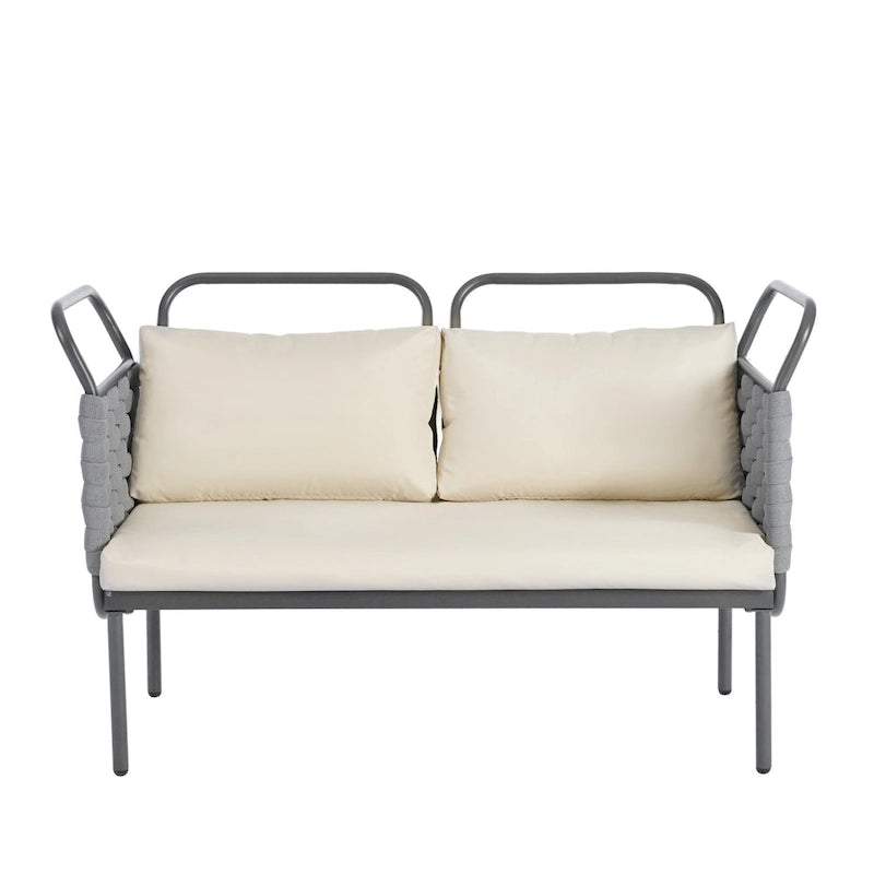 Set di mobili da esterno in corda intrecciata, divano sezionale moderno a 5 pezzi per patio con tavolo in vetro e cuscini