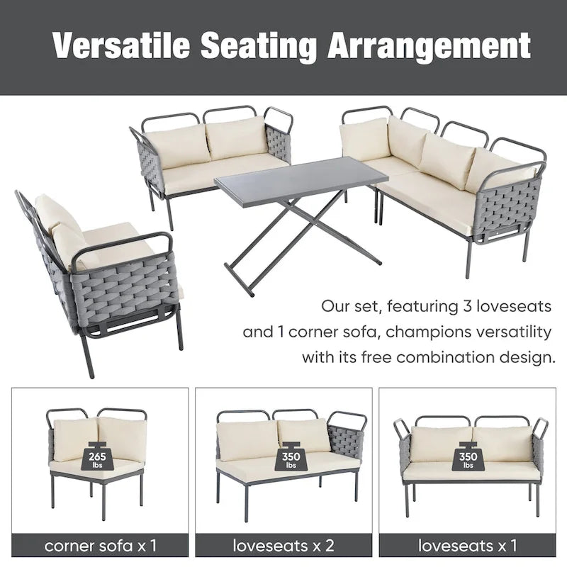 Set di mobili da esterno in corda intrecciata, divano sezionale moderno a 5 pezzi per patio con tavolo in vetro e cuscini