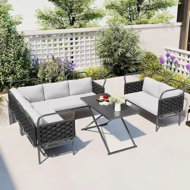 Set di mobili da esterno in corda intrecciata, divano sezionale moderno a 5 pezzi per patio con tavolo in vetro e cuscini