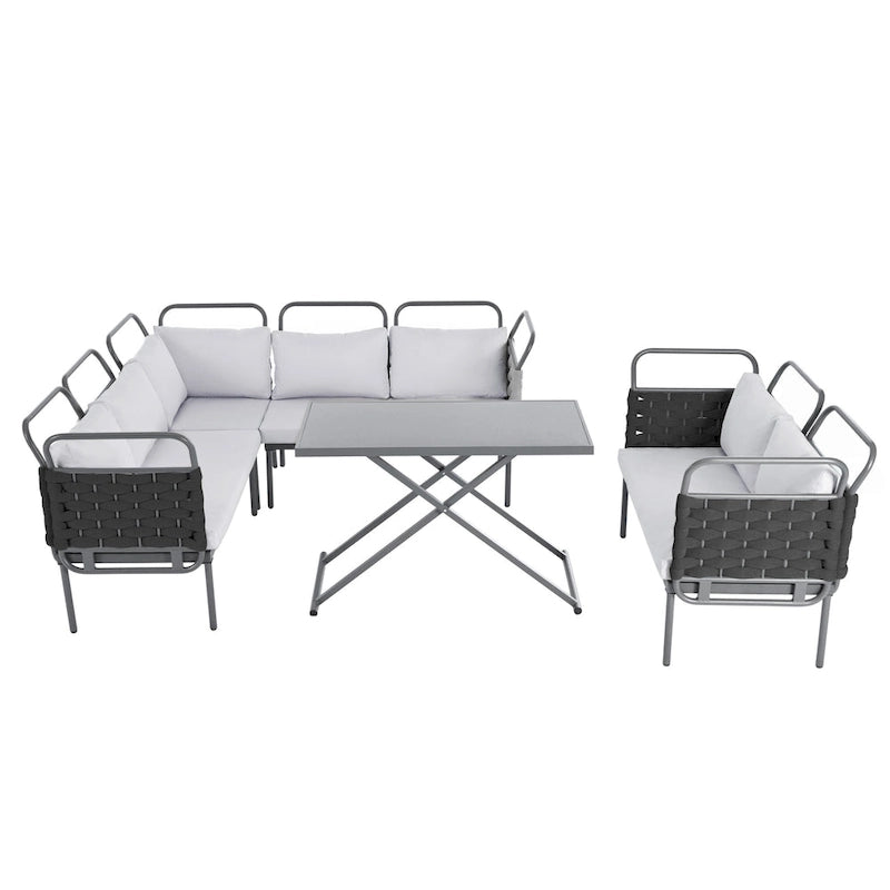 Set di mobili da esterno in corda intrecciata, divano sezionale moderno a 5 pezzi per patio con tavolo in vetro e cuscini
