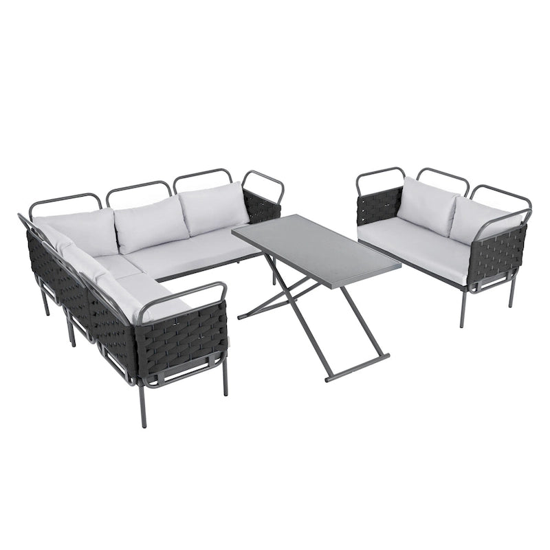 Set di mobili da esterno in corda intrecciata, divano sezionale moderno a 5 pezzi per patio con tavolo in vetro e cuscini
