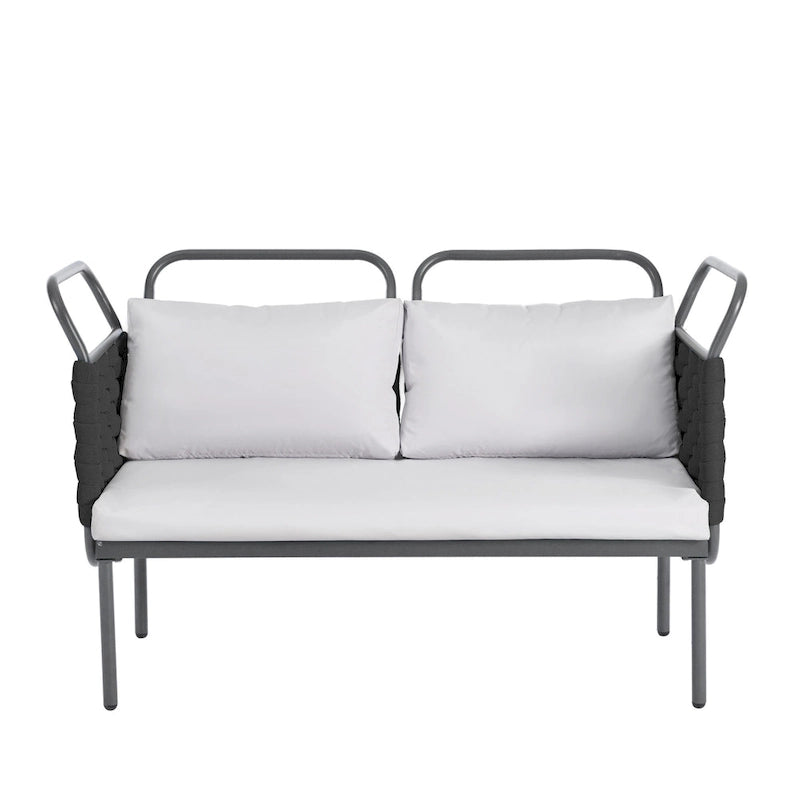 Set di mobili da esterno in corda intrecciata, divano sezionale moderno a 5 pezzi per patio con tavolo in vetro e cuscini