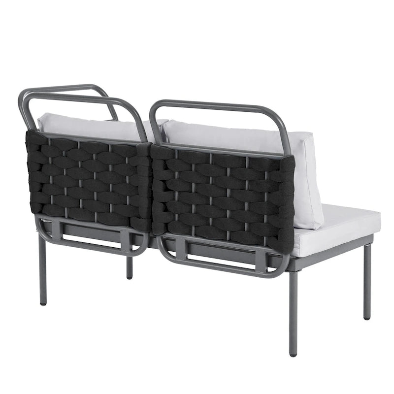 Set di mobili da esterno in corda intrecciata, divano sezionale moderno a 5 pezzi per patio con tavolo in vetro e cuscini