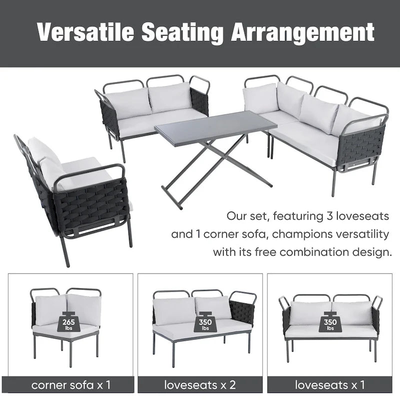 Set di mobili da esterno in corda intrecciata, divano sezionale moderno a 5 pezzi per patio con tavolo in vetro e cuscini