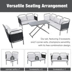 Set di mobili da esterno in corda intrecciata, divano sezionale moderno a 5 pezzi per patio con tavolo in vetro e cuscini