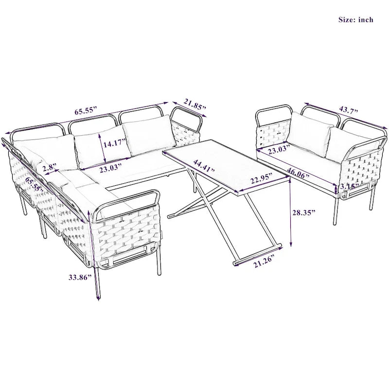 Set di mobili da esterno in corda intrecciata, divano sezionale moderno a 5 pezzi per patio con tavolo in vetro e cuscini