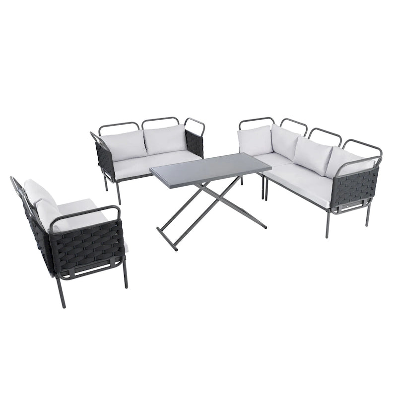 Set di mobili da esterno in corda intrecciata, divano sezionale moderno a 5 pezzi per patio con tavolo in vetro e cuscini