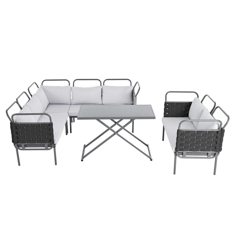 Set di mobili da esterno in corda intrecciata, divano sezionale moderno a 5 pezzi per patio con tavolo in vetro e cuscini
