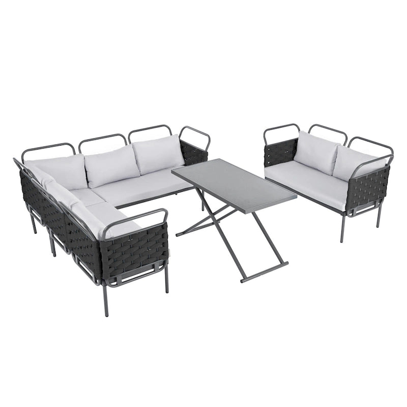 Set di mobili da esterno in corda intrecciata, divano sezionale moderno a 5 pezzi per patio con tavolo in vetro e cuscini