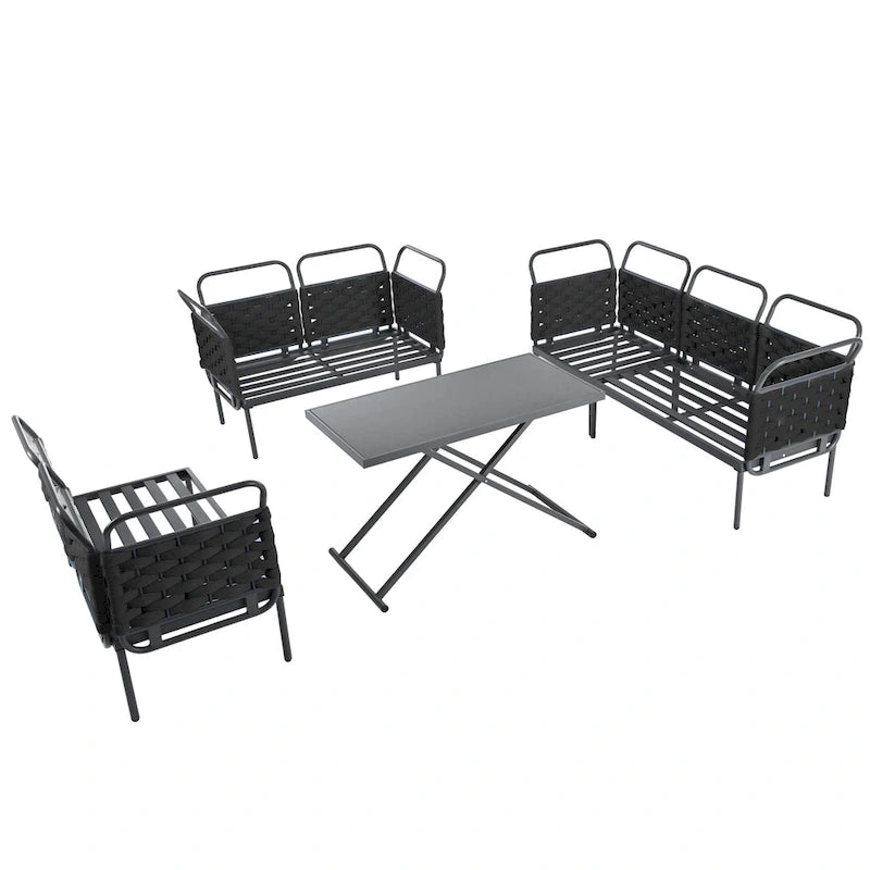 Set di mobili da esterno in corda intrecciata, divano sezionale moderno a 5 pezzi per patio con tavolo in vetro e cuscini