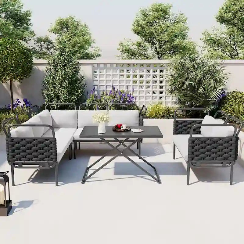 Set di mobili da esterno in corda intrecciata, divano sezionale moderno a 5 pezzi per patio con tavolo in vetro e cuscini