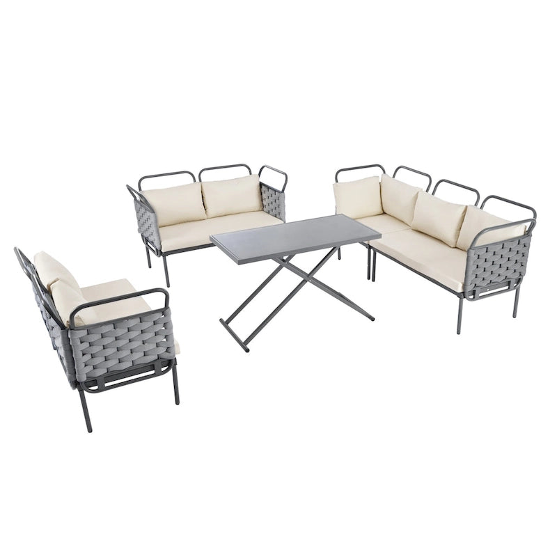 Set di mobili da esterno in corda intrecciata, divano sezionale moderno a 5 pezzi per patio con tavolo in vetro e cuscini