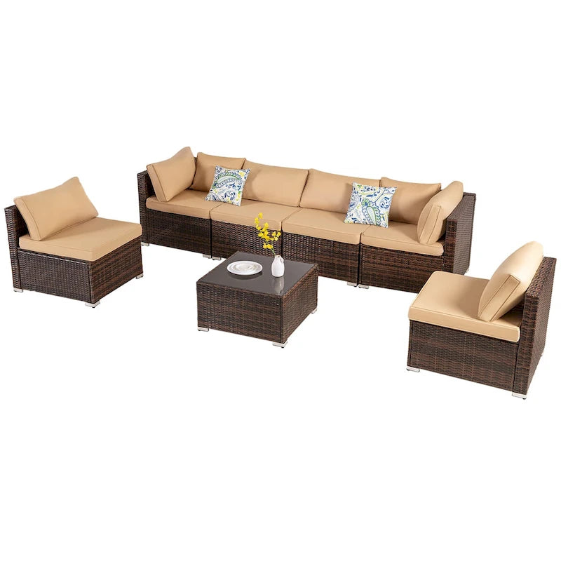 Set mobili da esterno 7 pezzi in vimini marrone, 6 divani, 1 tavolo