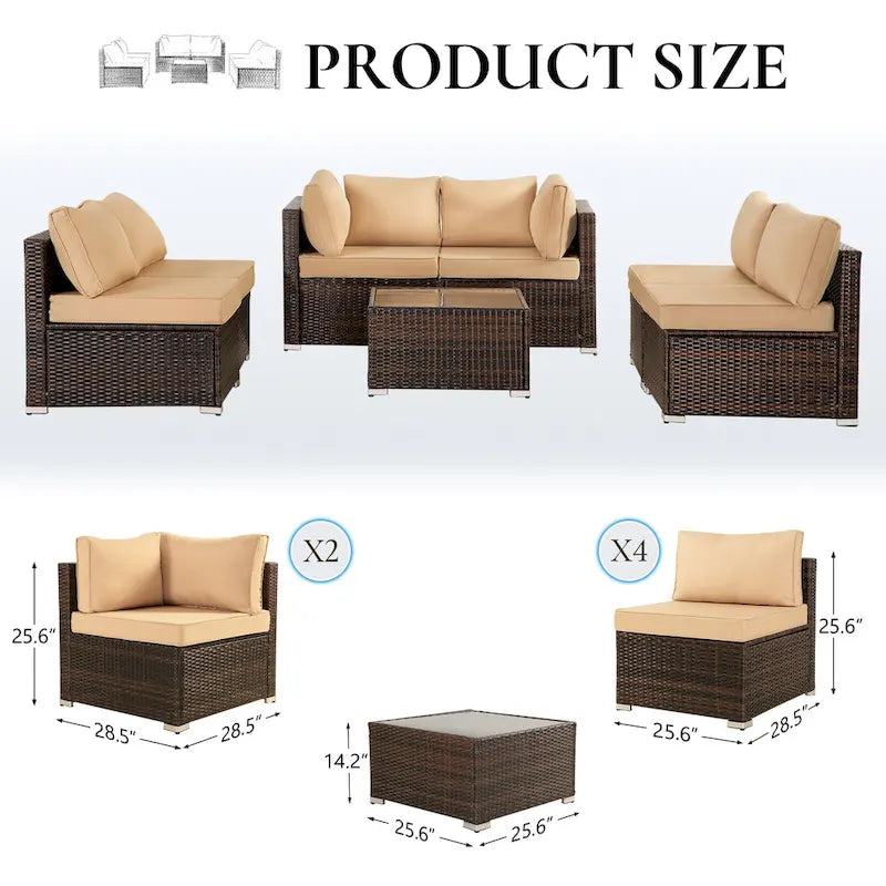 Set mobili da esterno 7 pezzi in vimini marrone, 6 divani, 1 tavolo