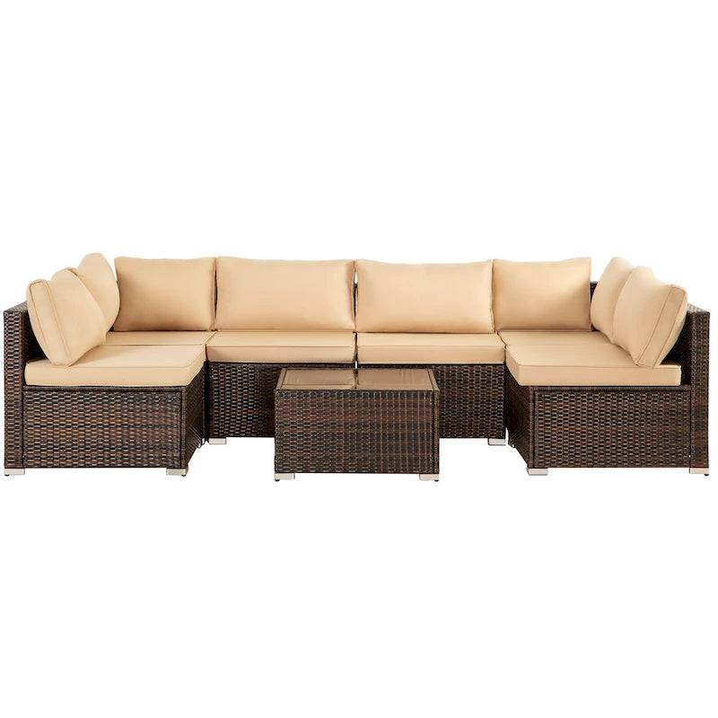 Set mobili da esterno 7 pezzi in vimini marrone, 6 divani, 1 tavolo