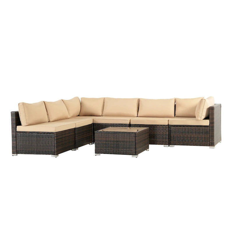 Set mobili da esterno 7 pezzi in vimini marrone, 6 divani, 1 tavolo