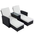 Chaise longue de jardin en rotin 5 pièces, dossier réglable, avec coussins blancs - 83*56