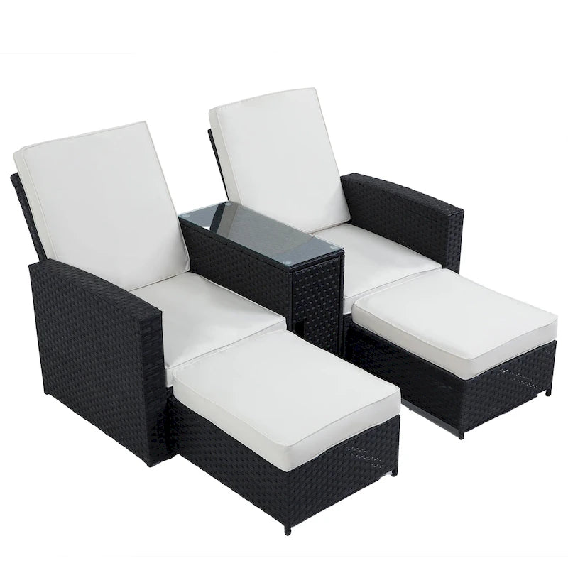 Set da 5 pezzi in vimini sintetico Rattan per esterni Chaise Longue Reclinabile con schienale regolabile e cuscini bianchi - 83*56