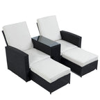 Chaise longue de jardin en rotin 5 pièces, dossier réglable, avec coussins blancs - 83*56