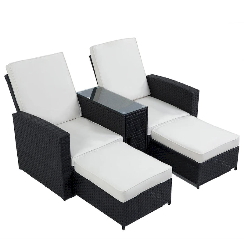 Set da 5 pezzi in vimini sintetico Rattan per esterni Chaise Longue Reclinabile con schienale regolabile e cuscini bianchi - 83*56