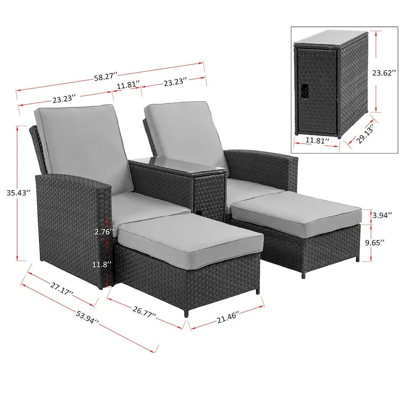 Set da 5 pezzi in vimini sintetico Rattan per esterni Chaise Longue Reclinabile con schienale regolabile e cuscini bianchi - 83*56