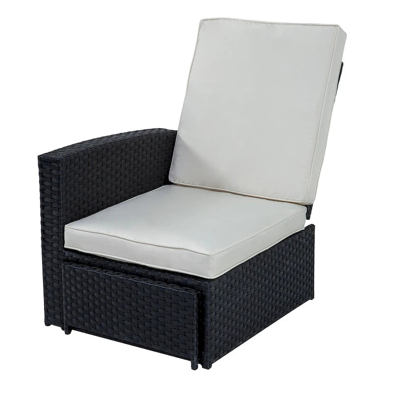 Chaise longue de jardin en rotin 5 pièces, dossier réglable, avec coussins blancs - 83*56