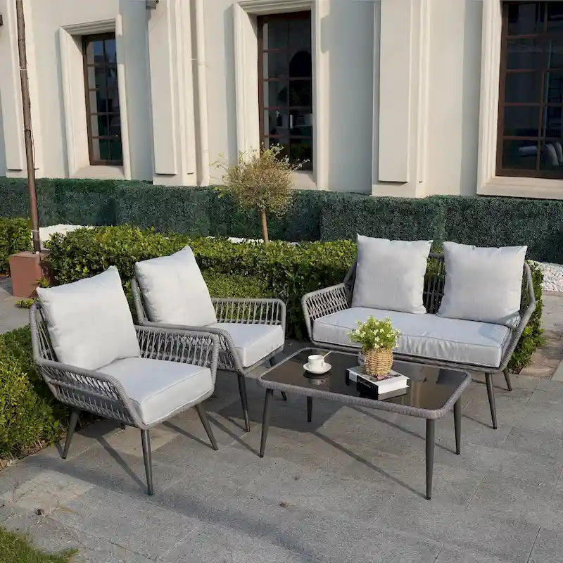 Set conversazione divano con cuscini in vimini per esterno Tappio 4 pezzi - 49.64L x 27.38P x 29.27A