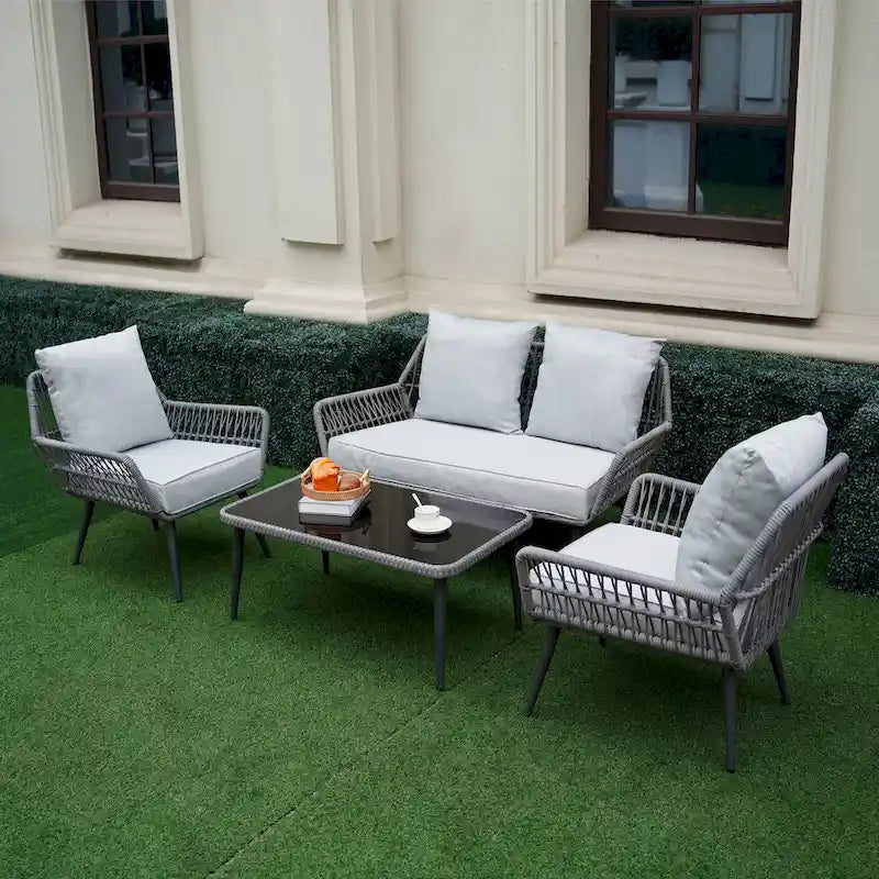 Set conversazione divano con cuscini in vimini per esterno Tappio 4 pezzi - 49.64L x 27.38P x 29.27A