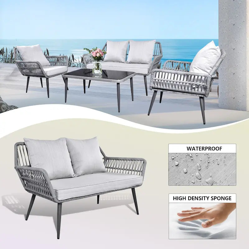 Set conversazione divano con cuscini in vimini per esterno Tappio 4 pezzi - 49.64L x 27.38P x 29.27A