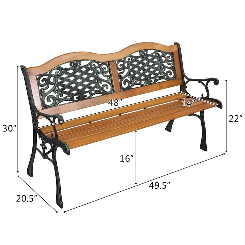 49 Banc de jardin extérieur Patio Parc Chaise Meuble Lattes en bois dur Cadre en fonte
