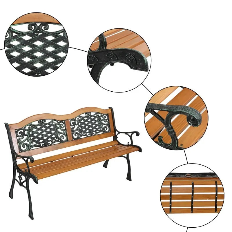 49 Banc de jardin extérieur Patio Parc Chaise Meuble Lattes en bois dur Cadre en fonte