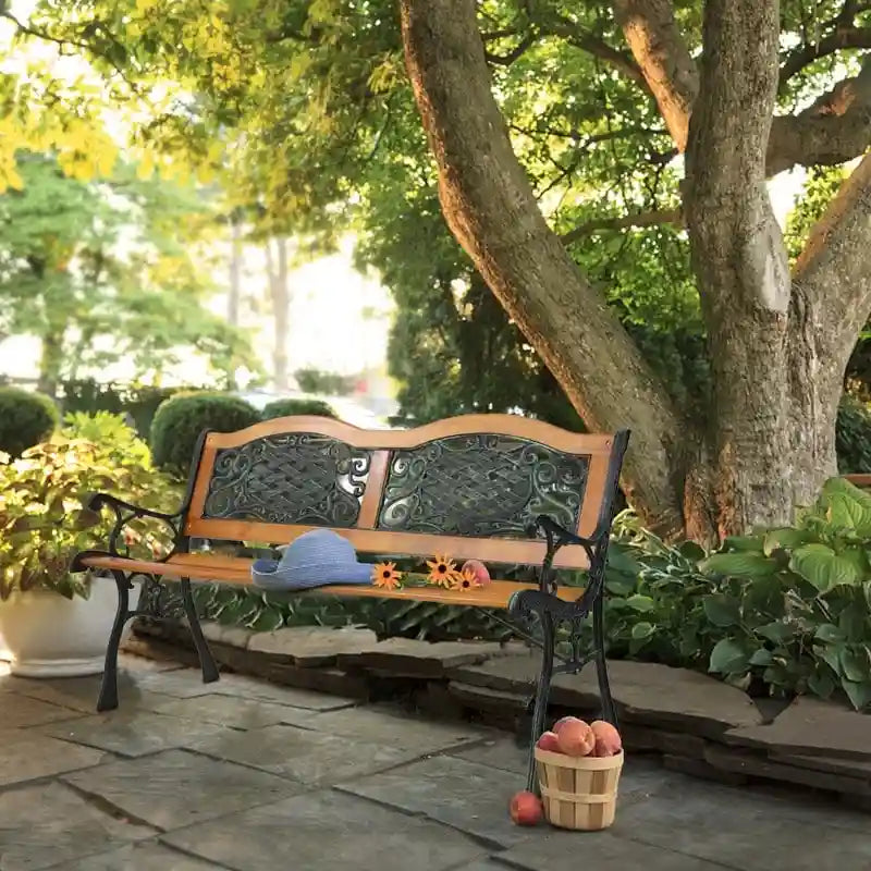 49 Banc de jardin extérieur Patio Parc Chaise Meuble Lattes en bois dur Cadre en fonte