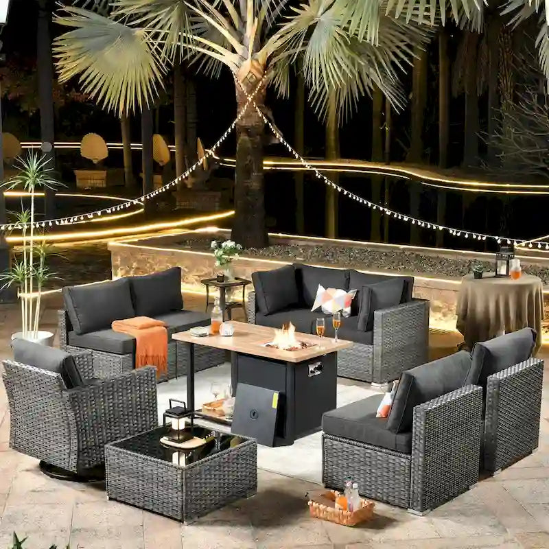 Set di mobili da giardino HOOOWOOO a 10 pezzi in rattan grigio con braciere