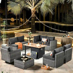 Set di mobili da giardino HOOOWOOO a 10 pezzi in rattan grigio con braciere