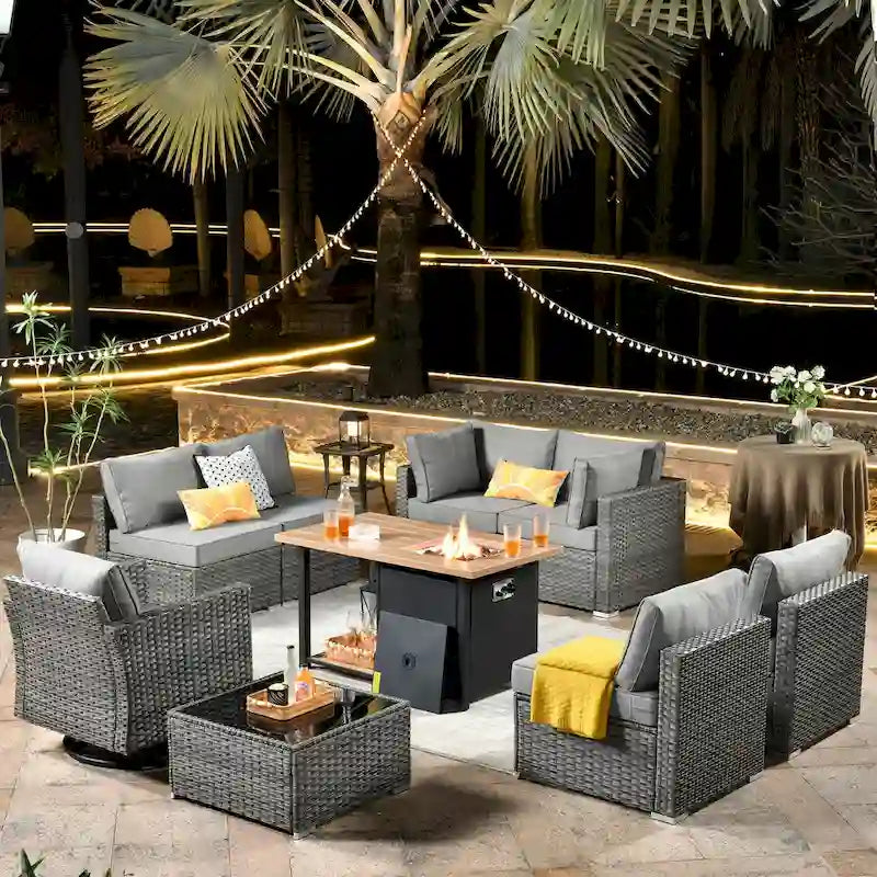 Set di mobili da giardino HOOOWOOO a 10 pezzi in rattan grigio con braciere