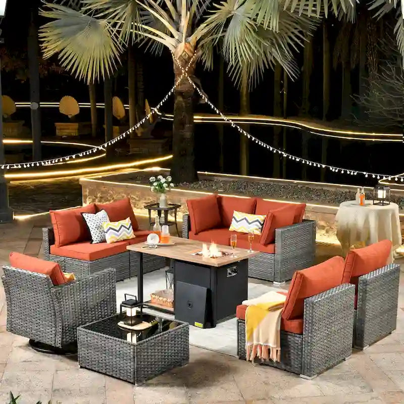 Set di mobili da giardino HOOOWOOO a 10 pezzi in rattan grigio con braciere