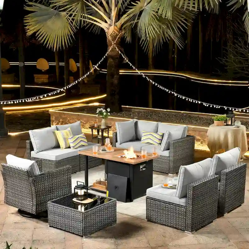 Set di mobili da giardino HOOOWOOO a 10 pezzi in rattan grigio con braciere