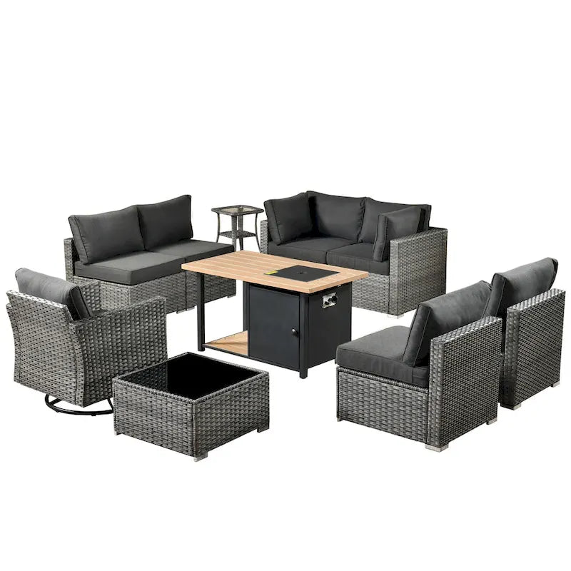 Set di mobili da giardino HOOOWOOO a 10 pezzi in rattan grigio con braciere