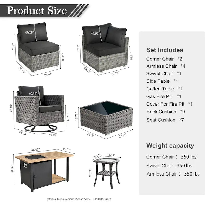 Set di mobili da giardino HOOOWOOO a 10 pezzi in rattan grigio con braciere