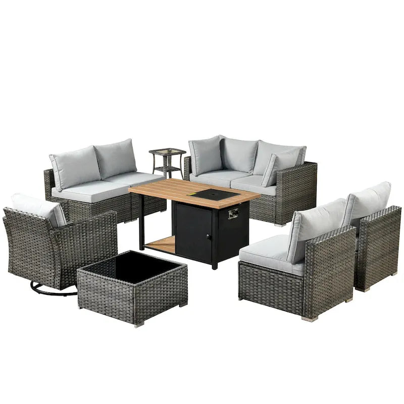 Set di mobili da giardino HOOOWOOO a 10 pezzi in rattan grigio con braciere