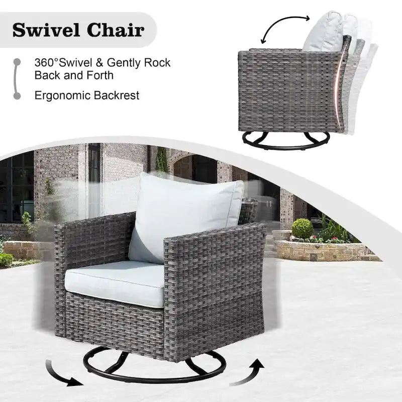 Set di mobili da giardino HOOOWOOO a 10 pezzi in rattan grigio con braciere