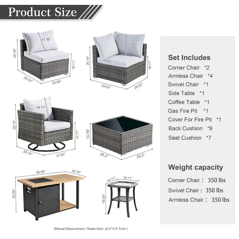 Set di mobili da giardino HOOOWOOO a 10 pezzi in rattan grigio con braciere