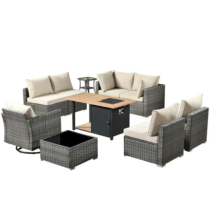 Set di mobili da giardino HOOOWOOO a 10 pezzi in rattan grigio con braciere