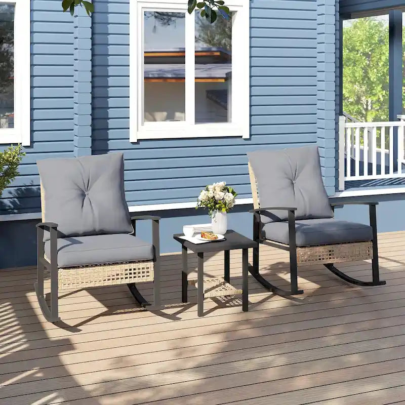 Outsunny 3 Piece Patio Bistro Set, Wicker Furniture Set with Button Tufted Cushions, Rattan Rocking Chairs and Coffee Table