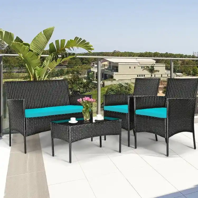 Set divano da esterno in rattan imbottito 4 pezzi con tavolino da caffè in vetro temperato - 24 x 23,5 x 33 (L x P x A)
