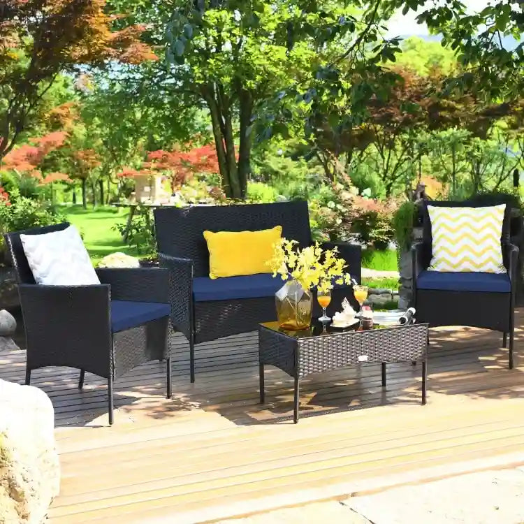 Set divano da esterno in rattan imbottito 4 pezzi con tavolino da caffè in vetro temperato - 24 x 23,5 x 33 (L x P x A)