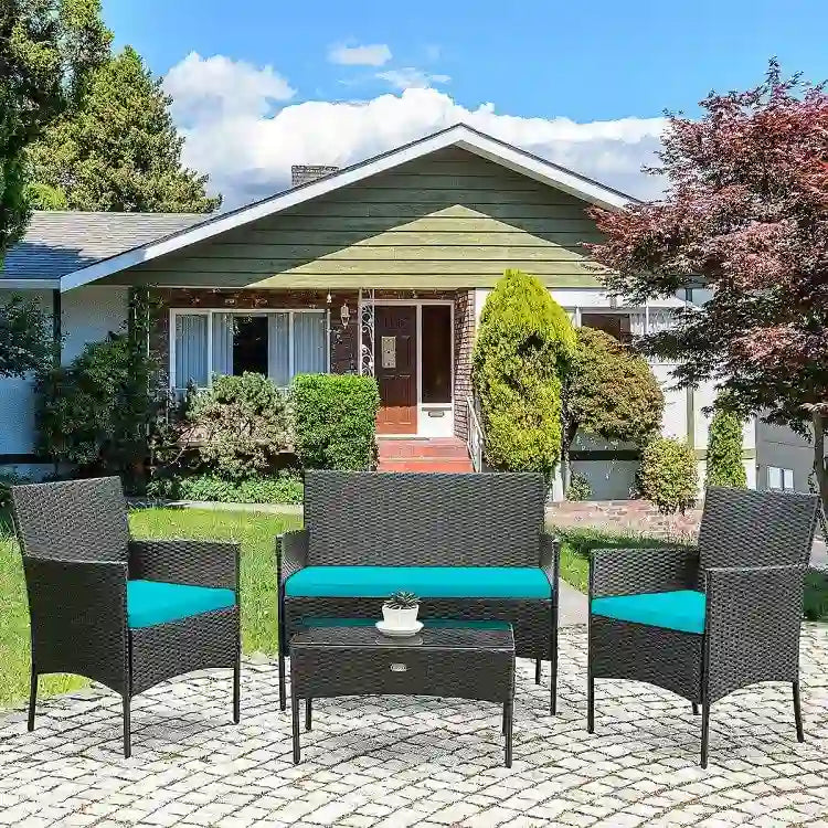 Set divano da esterno in rattan imbottito 4 pezzi con tavolino da caffè in vetro temperato - 24 x 23,5 x 33 (L x P x A)