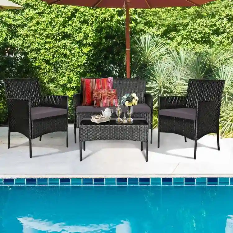 Set divano da esterno in rattan imbottito 4 pezzi con tavolino da caffè in vetro temperato - 24 x 23,5 x 33 (L x P x A)