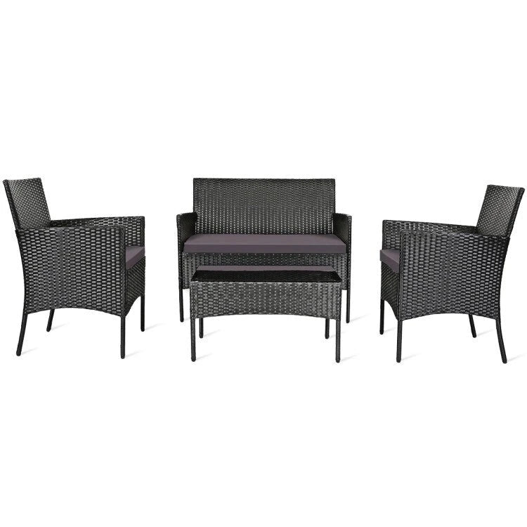 Set divano da esterno in rattan imbottito 4 pezzi con tavolino da caffè in vetro temperato - 24 x 23,5 x 33 (L x P x A)