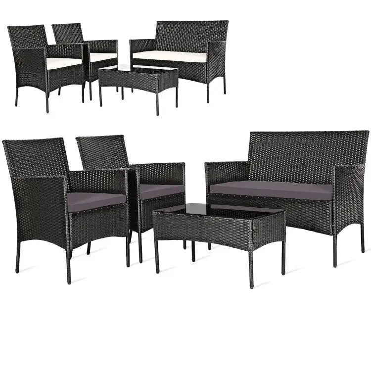 Set divano da esterno in rattan imbottito 4 pezzi con tavolino da caffè in vetro temperato - 24 x 23,5 x 33 (L x P x A)
